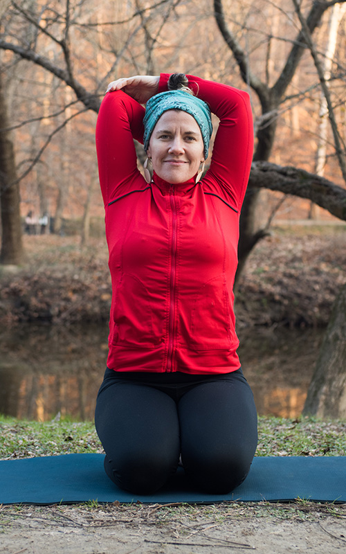 Modified Cow Face yoga pose for neck pain